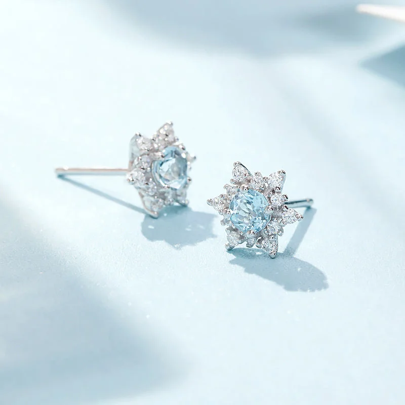 silver earrings for women -Aquamarine Snowflake Stud Earrings with Diamond Halo in White Gold Plated Sterling Silver