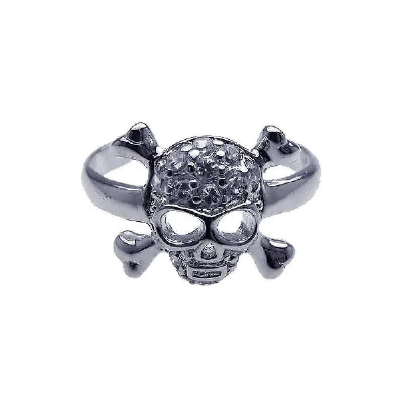 women’s rings -Silver 925 Rhodium Plated Clear CZ Skull Cross Bone Toe Ring - CZTR10