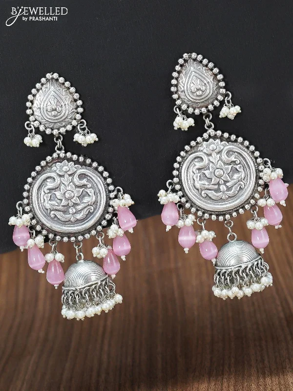 silver hoop earrings for women -Oxidised floral design earring with baby pink monalisa beads hangings