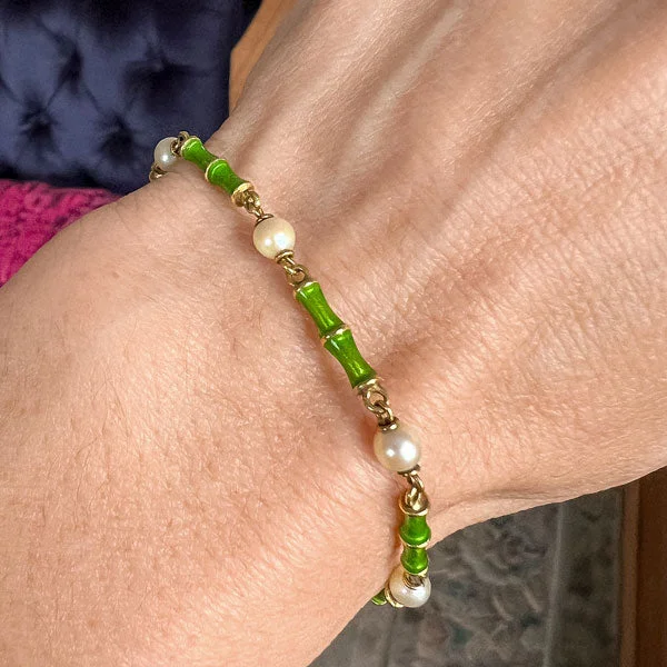 dainty bangles for women -Vintage Pearl & Green Enamel Bracelet