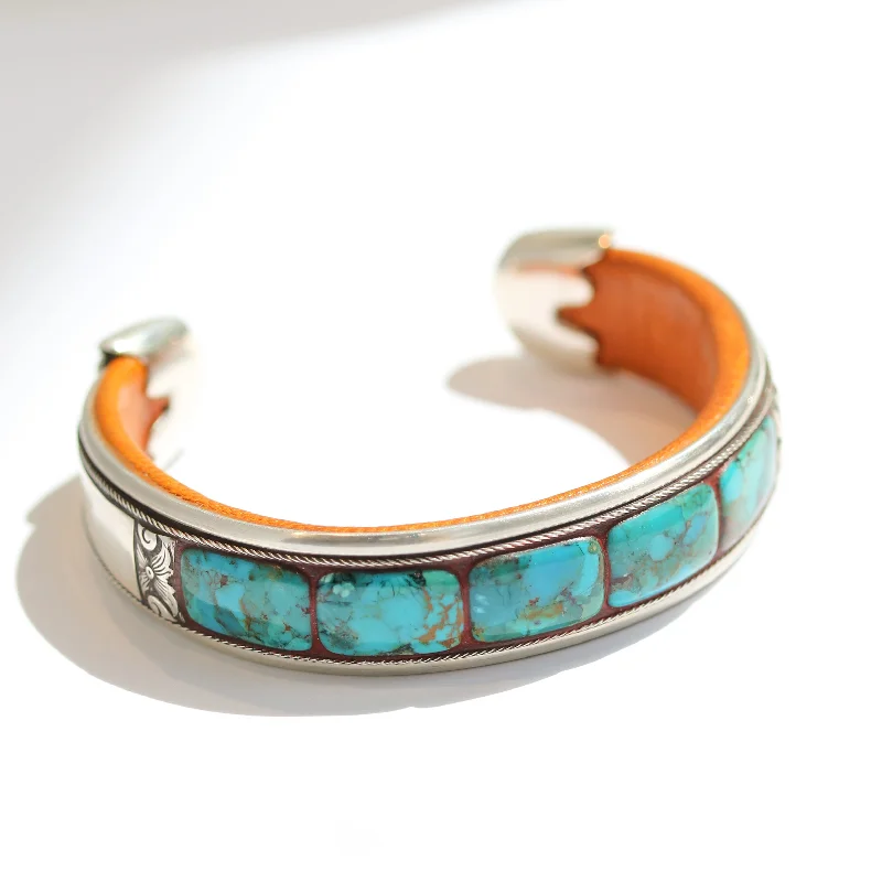 stackable bangles for women -Charlie Favour Turquoise Mosaic on Leather Bracelet No. 1