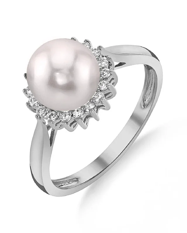 silver engagement rings for women -Akoya Pearl & Diamond Halo Ring