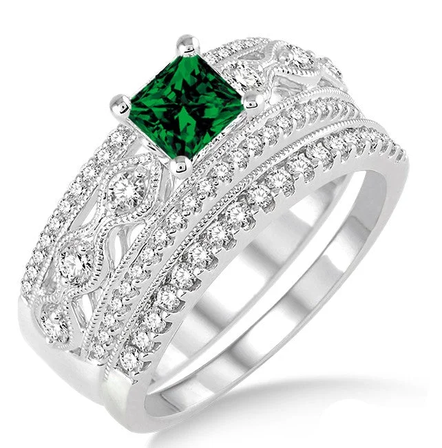 wedding bands and engagement rings for women -1.5 Carat Emerald Antique Bridal Set Engagement Ring on 10k White Gold