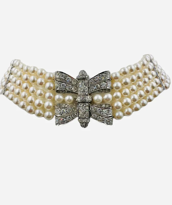 unique necklaces for women -Art Deco Pearl Diamond Platinum Choker Collar Necklace