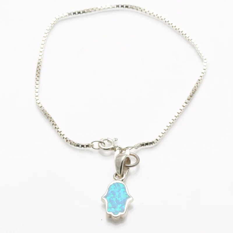 bracelet stack for women -Sterling Silver Opalite Hamsa Charm Bracelet