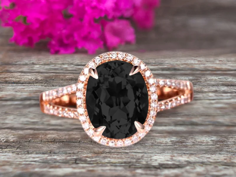 customized engagement rings -Oval Cut 10k Rose Gold Black Diamond Moissanite Halo Engagement Ring With 1.5 Carat Split Shank