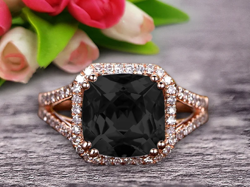 anniversary engagement rings -1.50 Carat Black Diamond Moissanite Engagement Ring On 10k Rose Gold Anniversary Ring HALO Cushion Black Diamond Moissanite