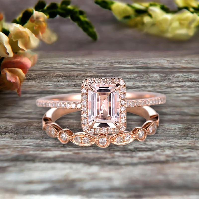 colorful gemstone engagement rings -Halo Art Deco 1.75 Carat Emerald Cut Morganite Wedding Set Bridal Ring Engagement Ring Set On 10k Rose Gold Stacking Matching Band Anniversary Gift