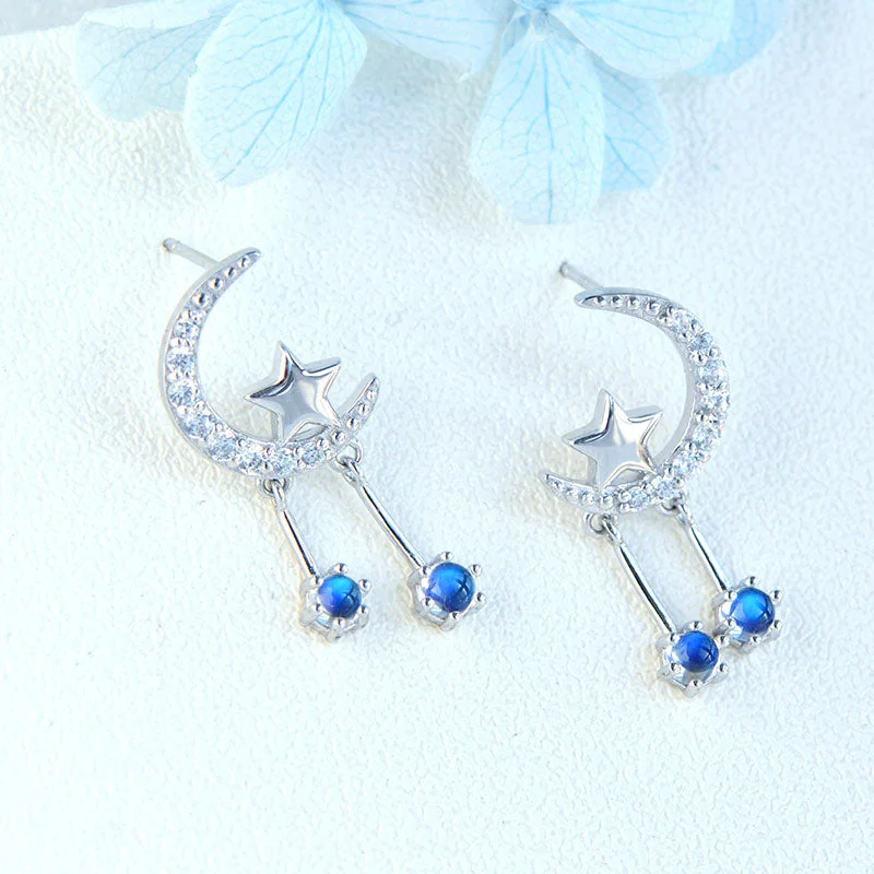 luxury earrings for women -Ladies Moon Star Silver Blue Moonstone Stud Earrings June Birthstone Earrings For Women