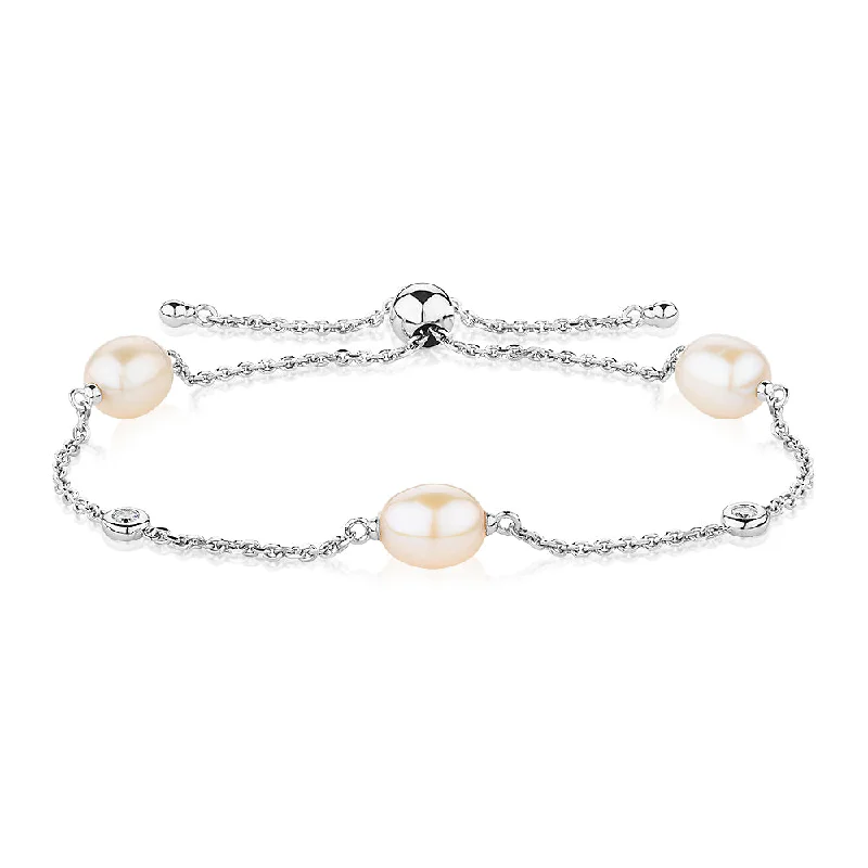 large bangles for women -Cultured freshwater pearl slider bracelet in sterling silver