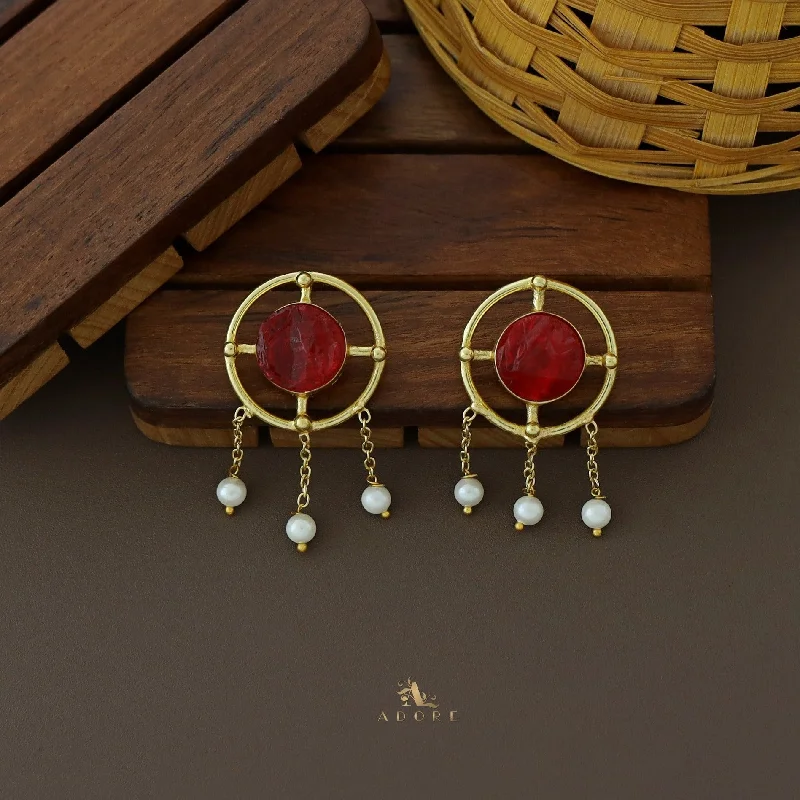 bridal earrings for women -Golden Circle Line Pearl Dyed Stone Earring