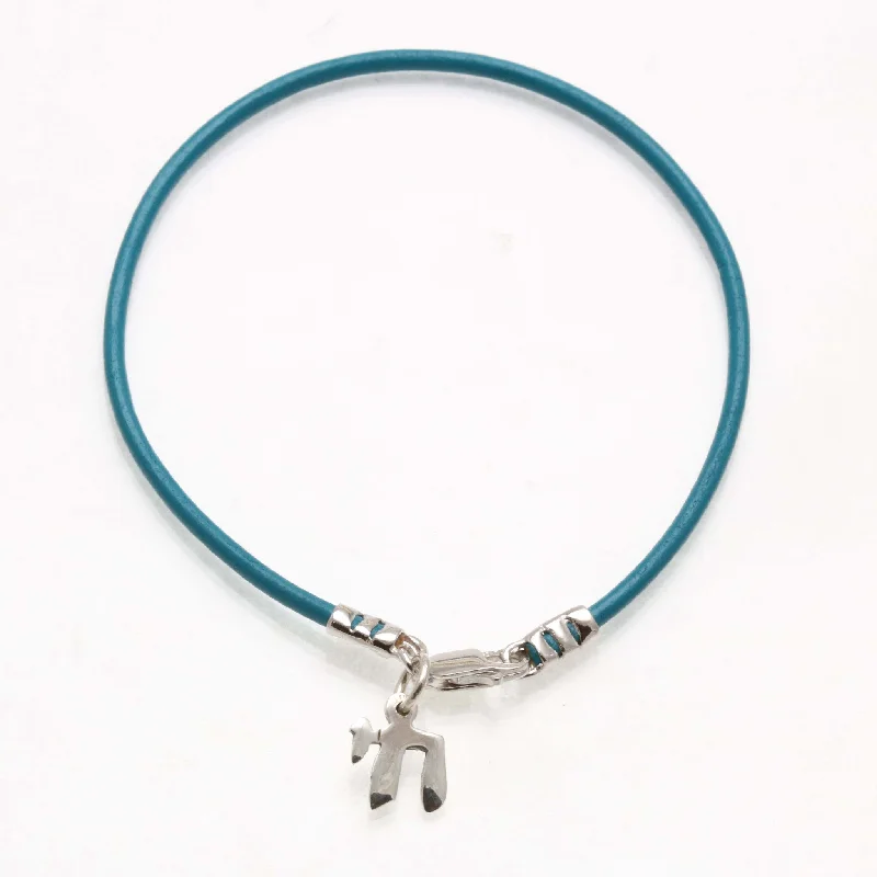 stacking bracelets for women -Sterling Silver Chai Turquoise Leather Bracelet Judaica