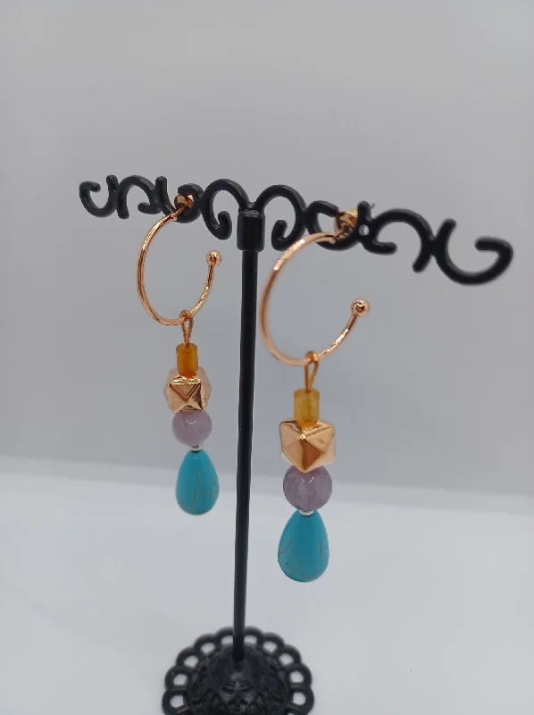 matching earrings for brides -Copper Hoop Earrings w/ Grey & Turquoise Beading