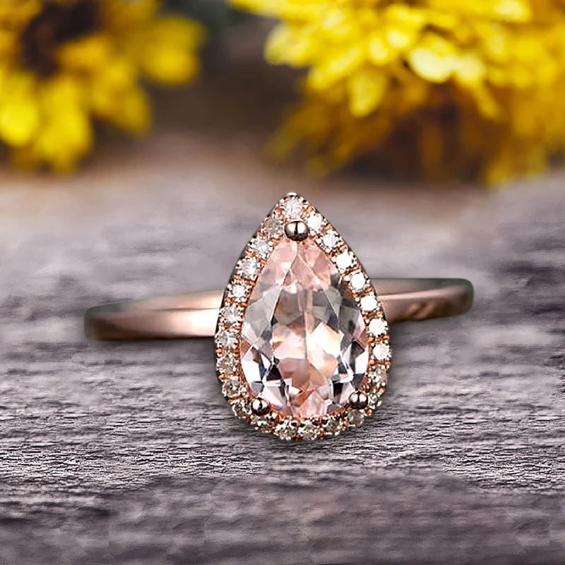 women’s wedding and engagement rings -1.25 Carat Halo Pear Shape Morganite Engagement Ring Handmade Solid 10k Rose Gold Ring Solitaire Stacking Band Anniversary Ring