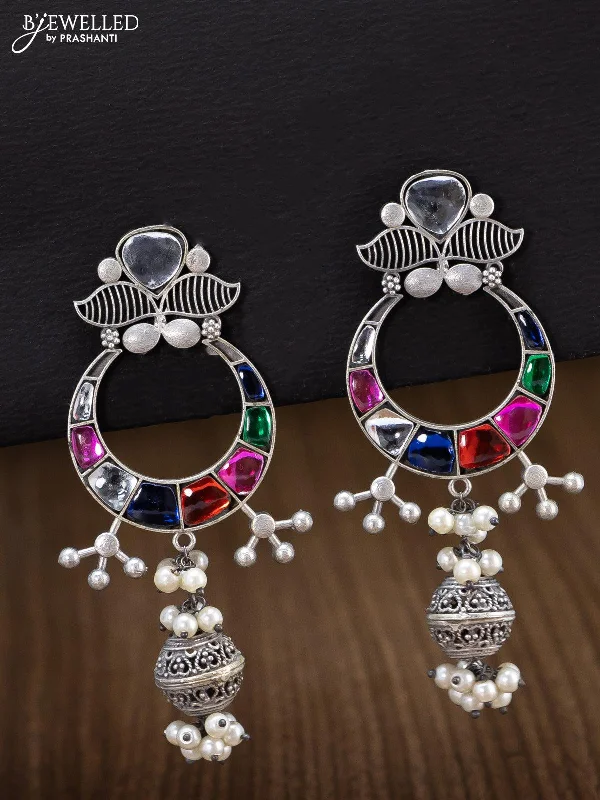 stud earrings for women -Oxidised chandbali earring with multicolour stone and pearl hangings