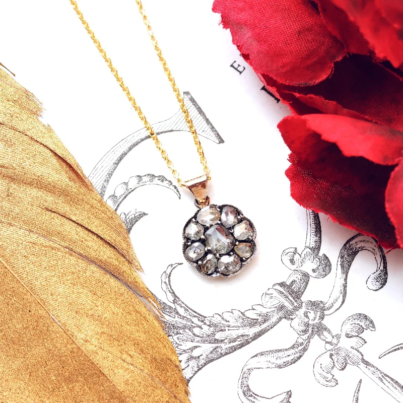 bridal shower necklaces for women -Antique Rose Cut Diamond Flowerette Pendant