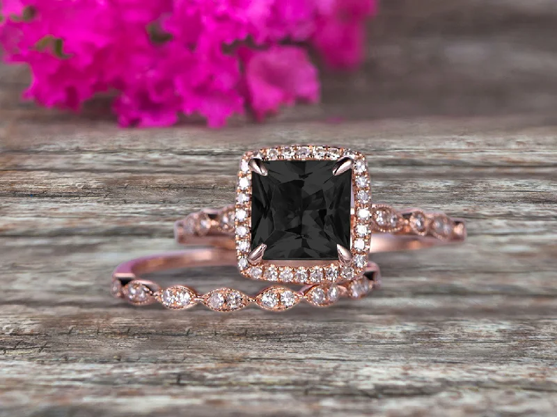 stunning engagement rings for women -Princess Cut 1.75 Carat Black Diamond Moissanite Engagement Ring Set On 10k Rose Gold Matching Band Promise Ring Milgrain Anniversary Gift Bridal Ring