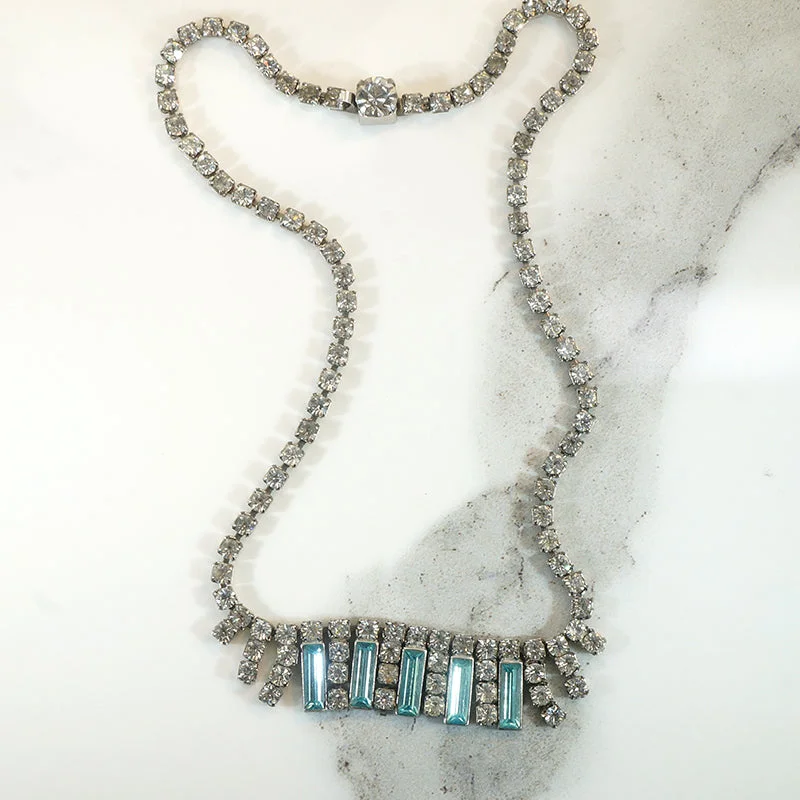 long necklaces for women -Aqua Baguette & Round White Rhinestone Fringe Necklace