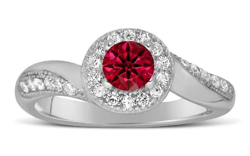 large diamond engagement rings -Antique Designer 1 Carat Red Ruby and Moissanite Diamond Engagement Ring for Her in White Gold