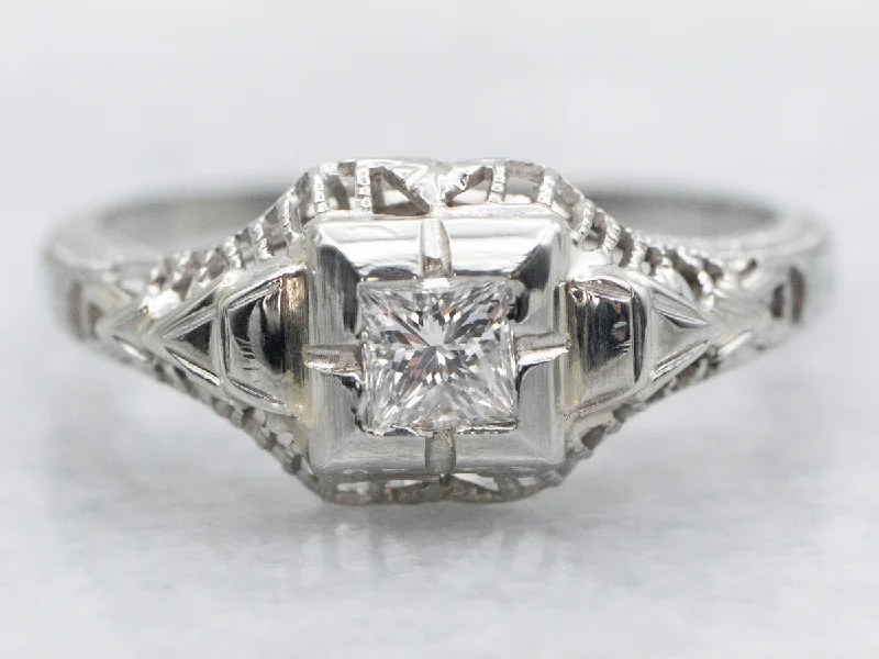 alternative engagement rings -Vintage White Gold Diamond Solitaire Engagement Ring