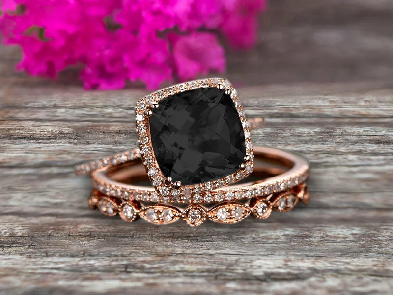 white gold engagement rings -Art Deco 2 Carat Cushion Cut Black Diamond Moissanite Wedding Ring Set On 10k Rose Gold Engagement Ring  Matching Wedding Band Imaginative Gift