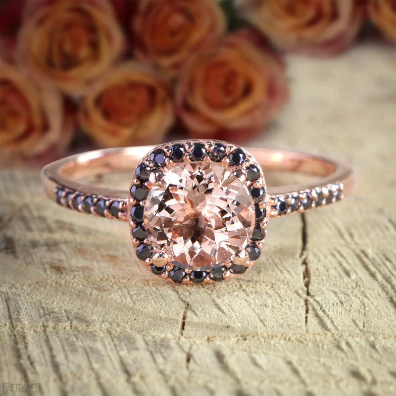 modern engagement rings for women -Limited Time Sale: 1.25 Carat Round Cut Morganite And Black Diamond Moissanite Engagement Ring in 10k Rose Gold