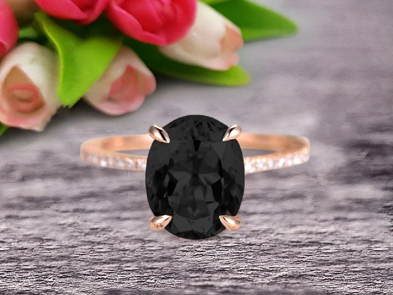 custom-designed engagement rings -1.50 Carat Oval Cut Black Diamond Moissanite Engagement Ring Bottom Diamond HALO Designed Moissanite Bridal Ring Wedding Ring 10K Rose Gold Anniversary Gift