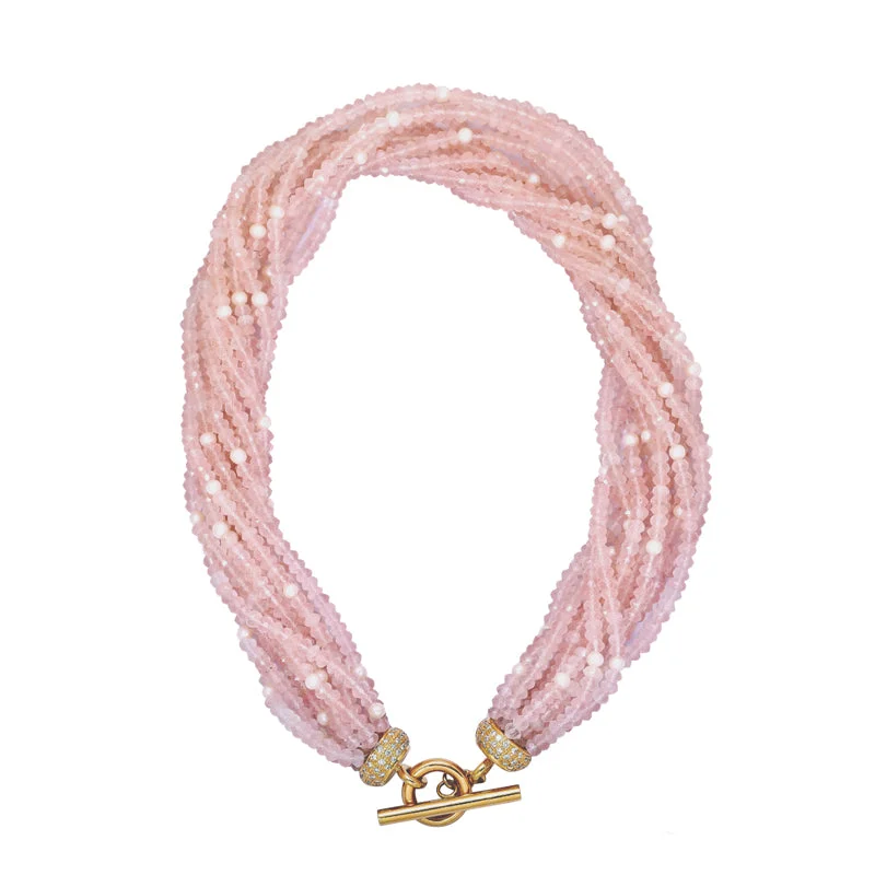 luxury gold necklaces for women -Toggle Necklace - Rose Quartz, Pearl and Diamond