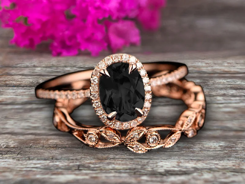 luxury diamond solitaire engagement rings -2 Carat Oval Cut Black Diamond Moissanite Engagement Ring Set Floral leaf moissanite diamond wedding band Bridal Ring Set 10k Rose Gold Halo Design