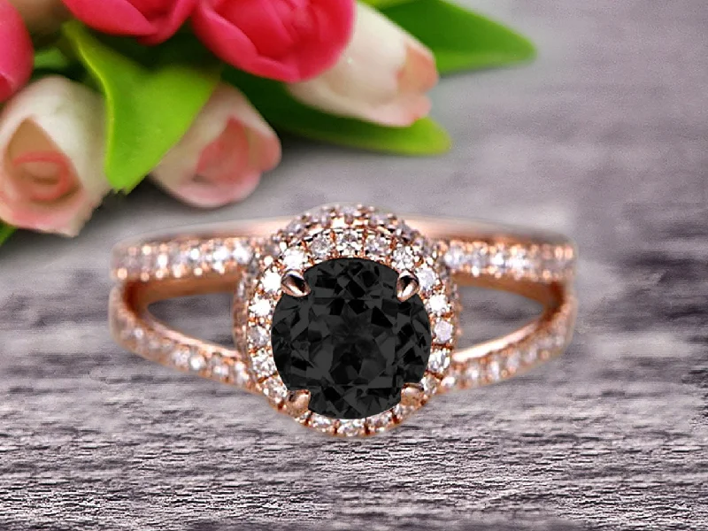 halo engagement rings for women -Unique Double Halo Design Round Cut 1.75 Carat Black Diamond Moissanite Engagement Ring Promise Ring for Bride Aniversary Ring On 10k Rose Gold Custom Made Glaring Jewelry