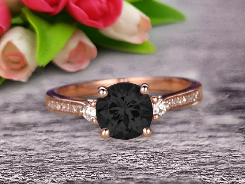 colorful gemstone engagement rings -Black Diamond Moissanite Engagement Ring With Solid 10k Rose Gold Promise Ring Round Cut 1.25 Carat Art Deco