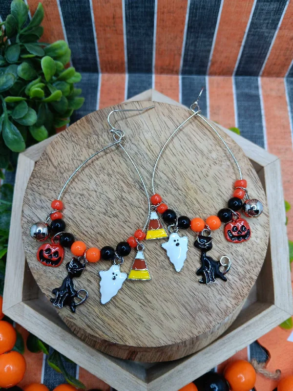 chunky earrings for women -Silver Teardrop Halloween Earrings w/ Candy Corn, Ghosts, & Jack O' Lanterns