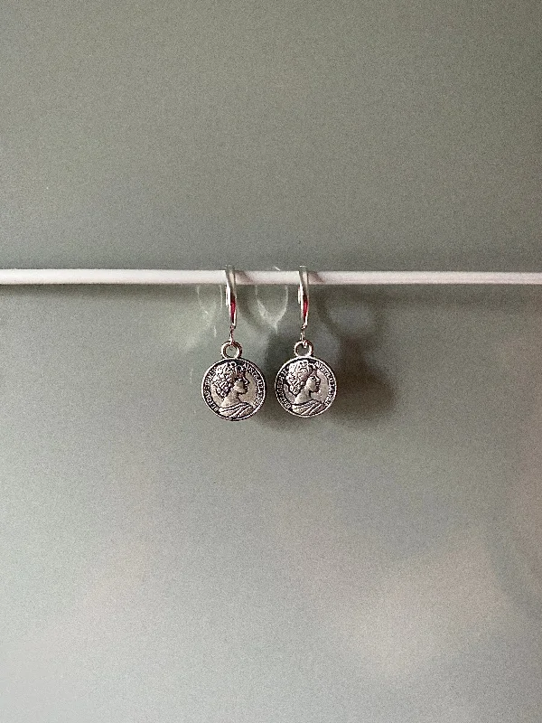 silver dangle earrings for women -SILVER COIN EARRINGS