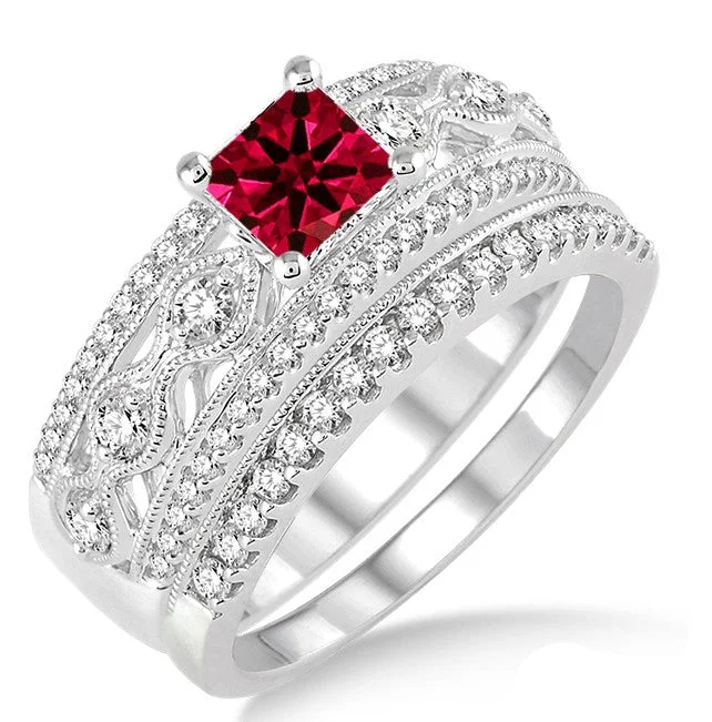 emerald cut engagement rings for women -1.5 Carat Ruby Antique Bridal Set Engagement Ring on 10k White Gold