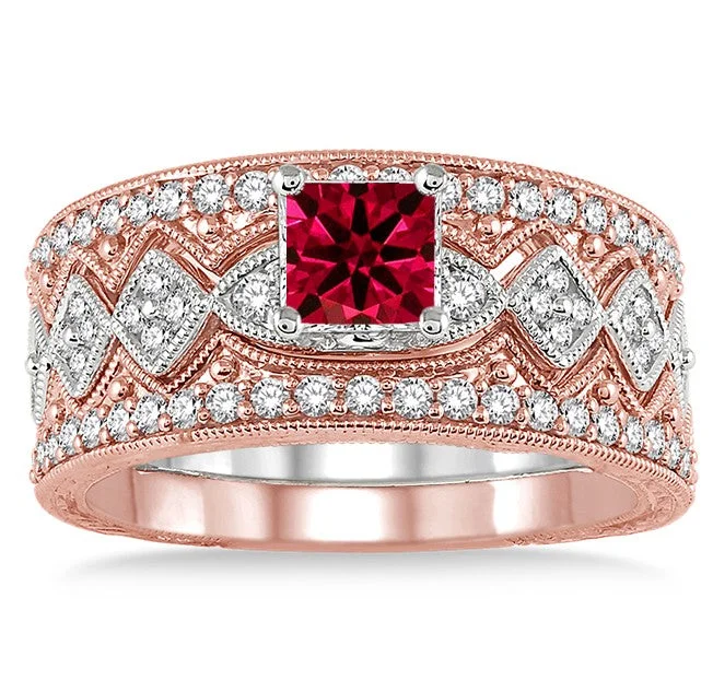 diamond wedding rings -2 Carat Ruby Antique Trio Bridal Set Engagement Ring on 10k White Gold