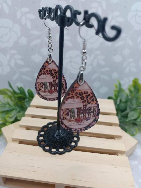 silver hoop earrings for women -Wooden "Faith" Teardrop Earrings