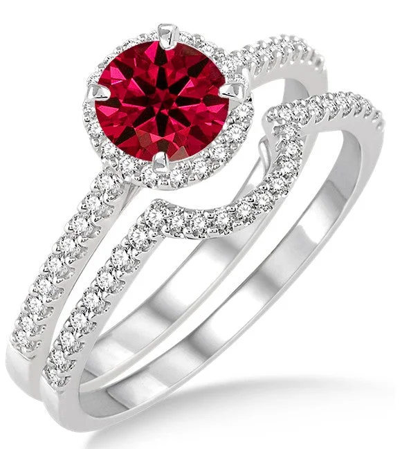 custom engagement rings for women -2 Carat Ruby Halo Bridal Set Engagement Ring on 10k White Gold