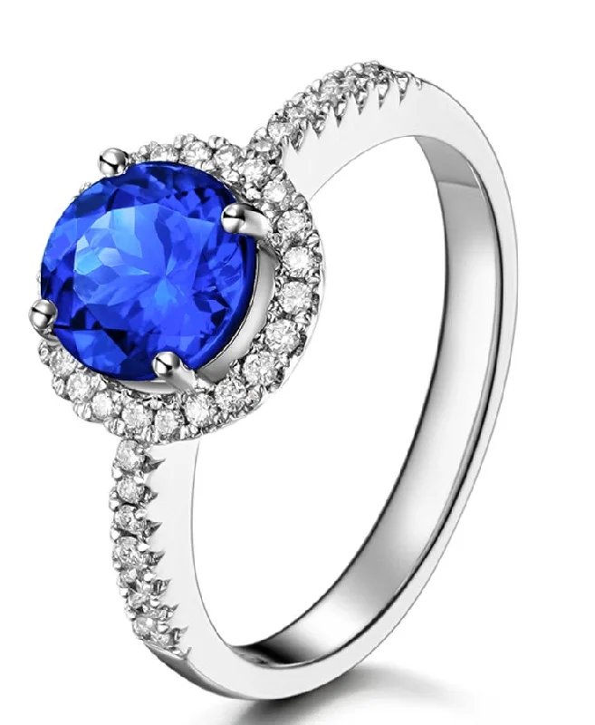 statement engagement rings -Beautiful 1 Carat Round Blue Sapphire and Moissanite Diamond Halo Engagement Ring in White Gold