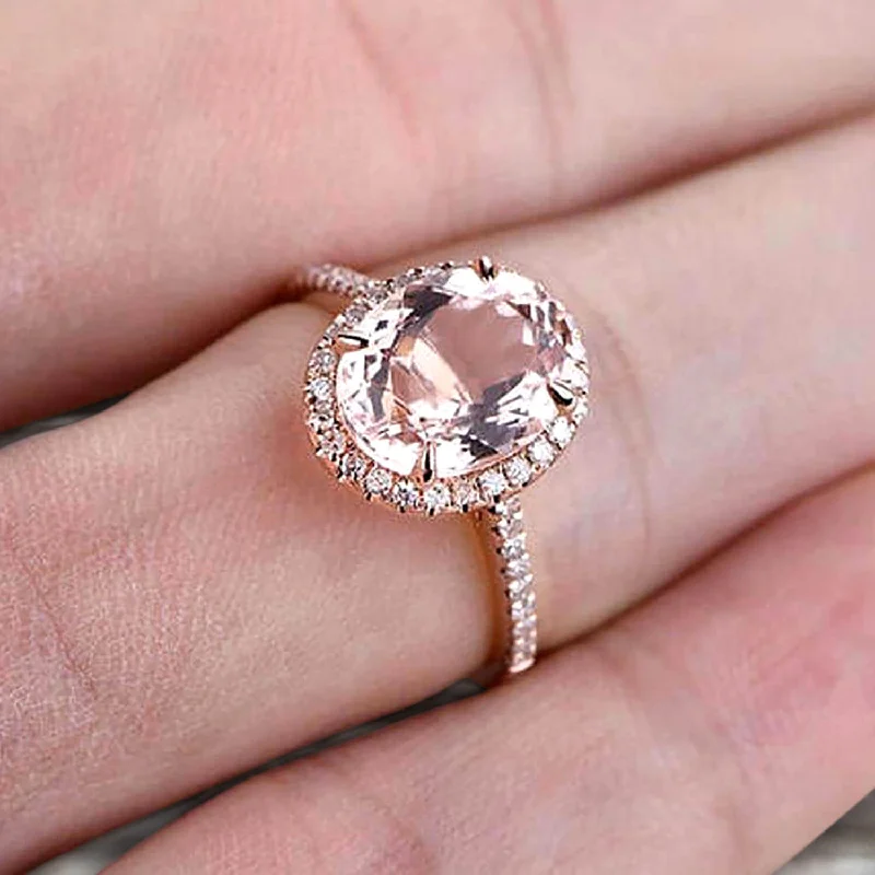 wedding set engagement rings -Oval Cut Pink Morganite Engagement Ring 1.50 Carat Solid 10k Rose Gold Wedding Ring Promise Ring for Bride Halo Design