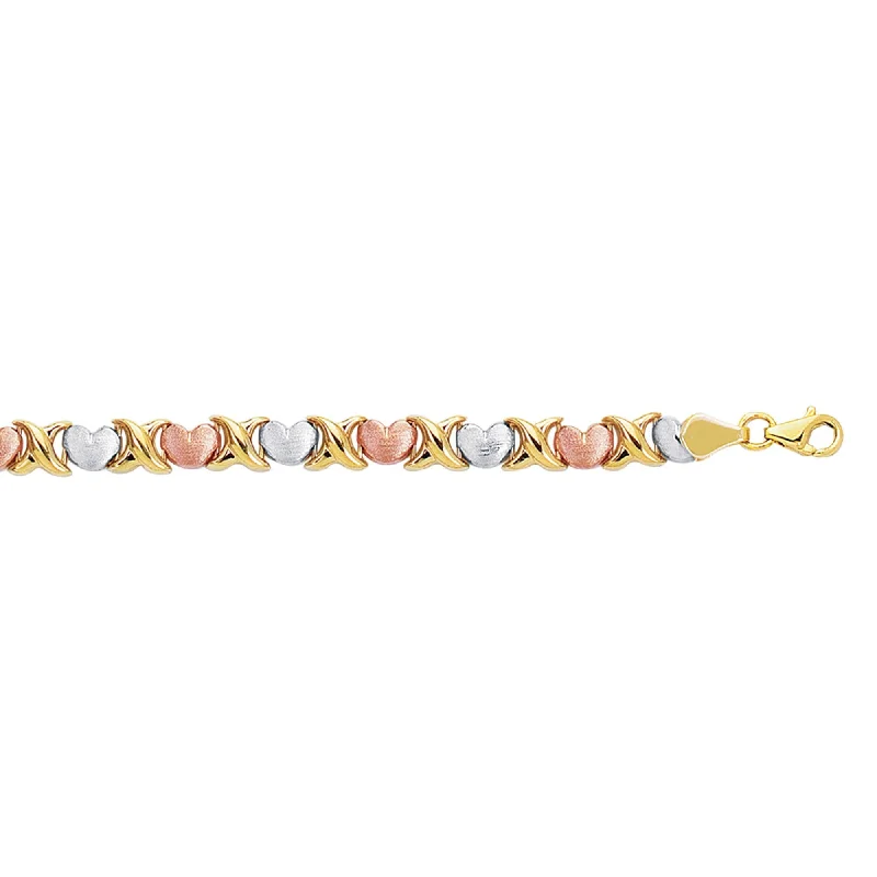 stacked bangles for women -14kt 7.25 inches Yellow+White+Rose Gold Textured Shiny Tri Color Hugs+Kisses Bracelet with Pear Shape Clasp