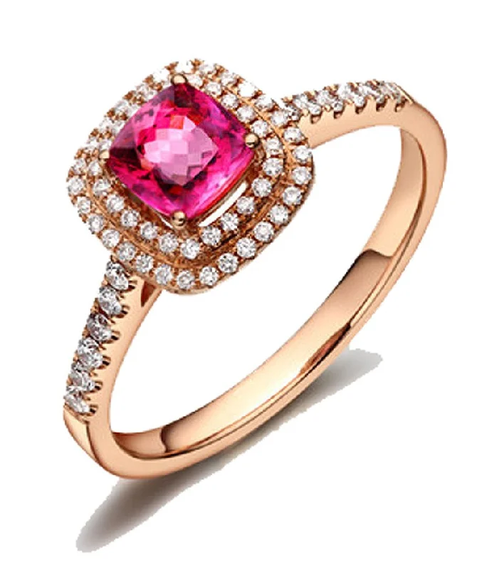 wedding bands and engagement rings for women -Superb 1.50 carat cushion cut Ruby and Moissanite Diamond double Halo Engagement Ring in Rose Gold