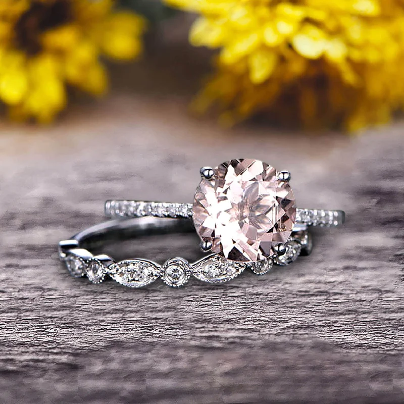 vintage diamond engagement rings -Glaring Staggering Ring 1.50 Carat Morganite Engagement Ring Solid 10k Rose Gold Round Cut Gemstone Promise Ring Bridal Ring Set