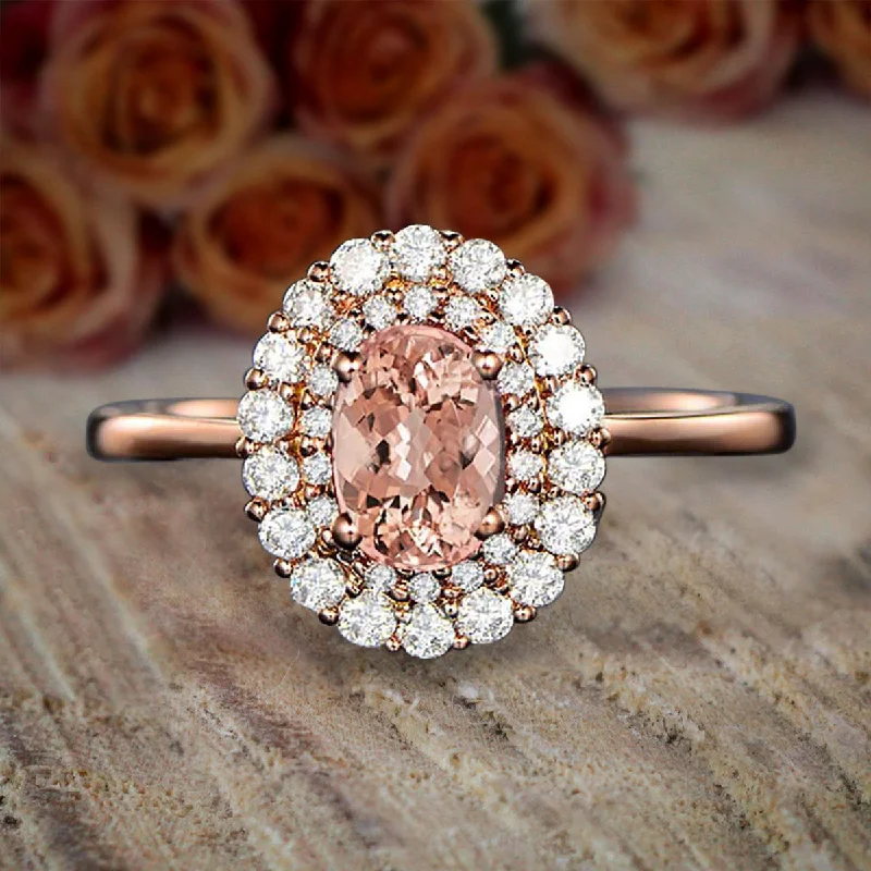 vintage inspired diamond engagement rings -Limited Time Sale Double Halo 1.50 Carat Oval Cut Morganite And Diamond Engagement Ring in 10k Rose Gold