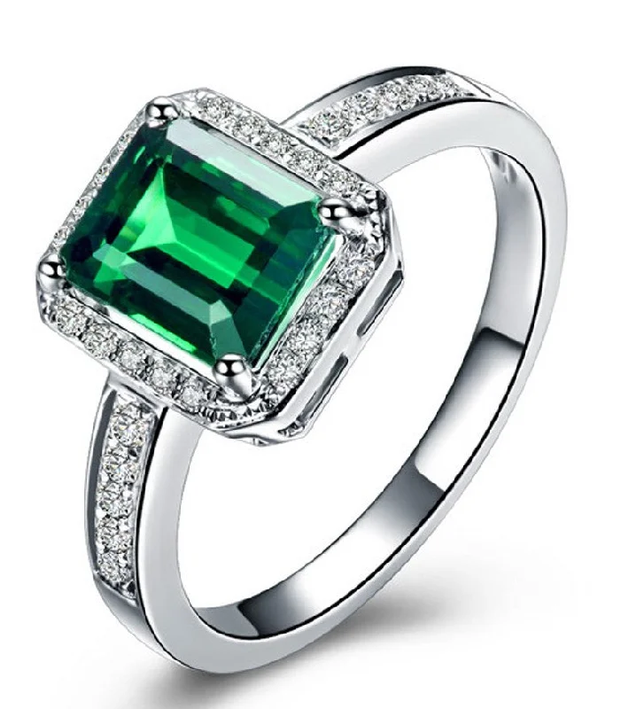 women’s engagement ring sets -Classic 1.50 Carat Emerald and Moissanite Diamond Engagement Ring in White Gold