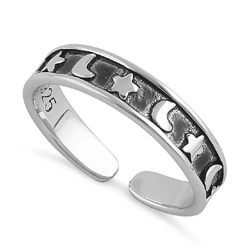 stacked rings for women -Sterling Silver Moon and Star Adjustable Toe Ring