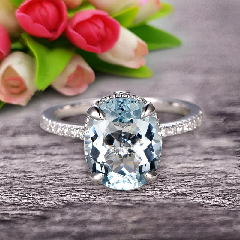 large diamond engagement rings -1.50 Carat Oval Cut Aquamarine Engagement Ring on 10k Rose Gold