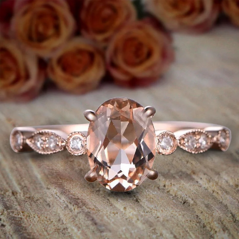 radiant engagement rings -Limited Time Sale 1.25 Carat Oval Cut Morganite And Diamond Moissanite Engagement Ring in 10k Rose Gold