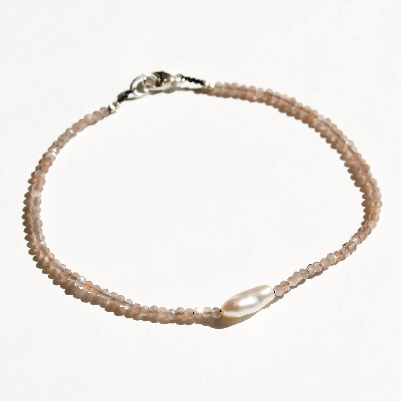 gemstone bracelets for women -Chocolate Moonstone + Keshi Pearls Bracelet No.14