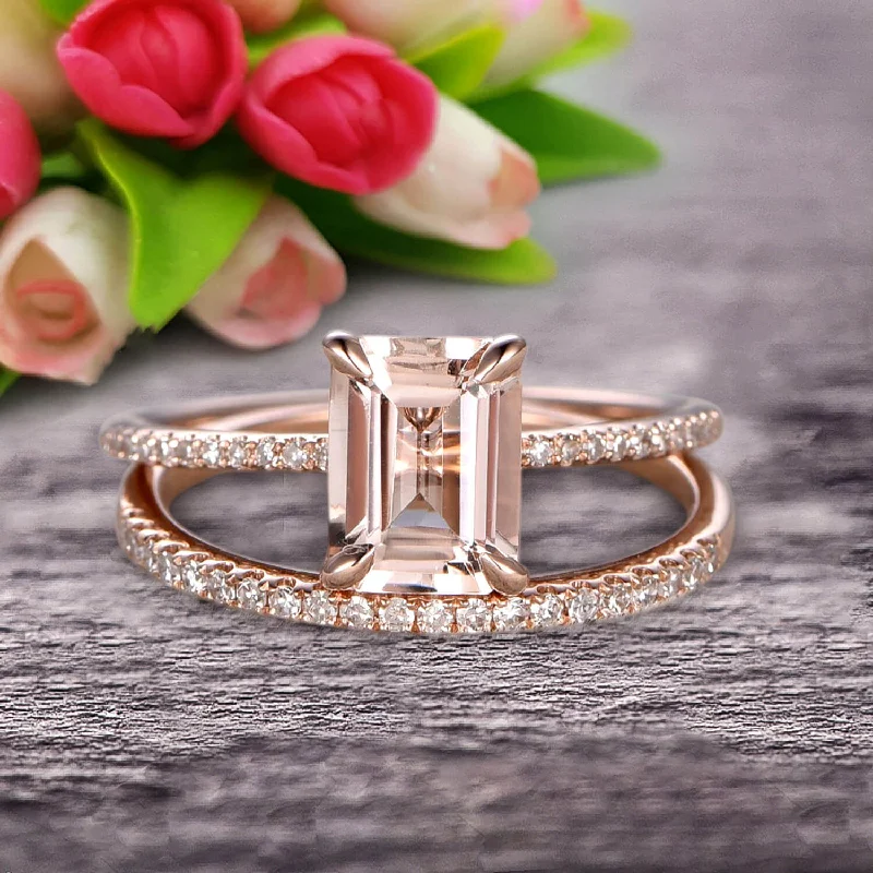 large diamond engagement rings -Bridal Ring 1.50 Carat Emerald Cut Morganite Wedding Set Engagement Ring On 10k Rose Gold Anniversary Gift Glaring Staggering Ring