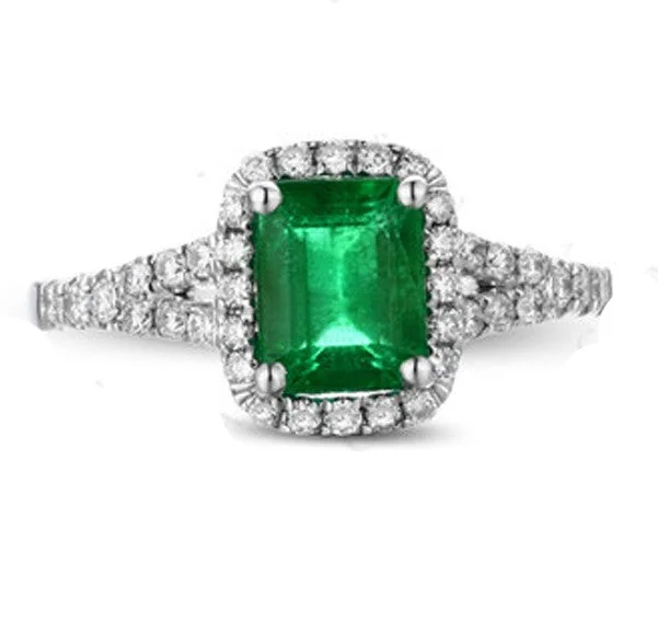 women’s engagement rings with emeralds -1.25 Carat Green Emerald and Moissanite Diamond Engagement Ring in White Gold